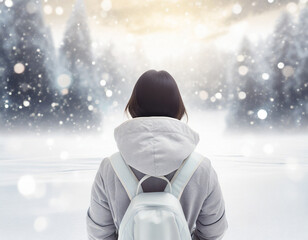 冬 雪景色の中に佇む女性の後ろ姿 (シネマティックイメージ )