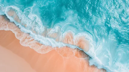 Foto auf Acrylglas Aerial View of Ocean, Waves and Beach Sand in the Style of Light Orange and Cyan - Ocean Pastel Color Scheme Shaped Canvas Background created with Generative AI Technology © Erasoiat