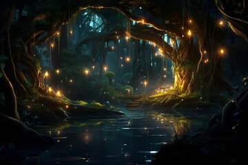 Enchanting forest landscape with bio luminescent trees creating a magical atmosphere