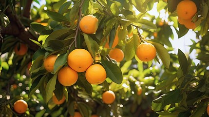 Bask in the beauty of ripe oranges hanging gracefully from branches, inviting you to savor their sun-ripened sweetness. Orchard's riches, citrus bounty, nature's offering. Generated by AI.