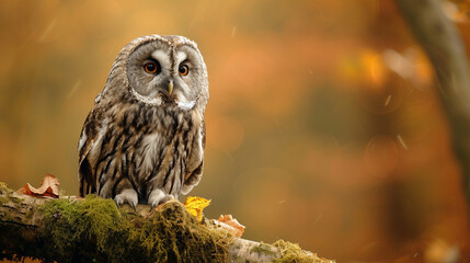 An owl with warm, amber eyes, perched on a moss-covered branch, creating an enchanting woodland portrait