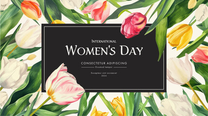 Women's Day. Greeting card with tulips. Vector illustration. - obrazy, fototapety, plakaty
