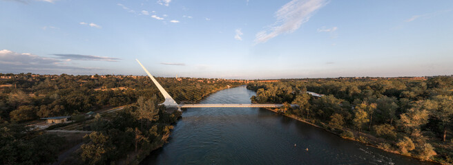 Sundial Bridge at Turtle Bay that crosses the Sacramento River in Redding - Aerial drone panorama photo