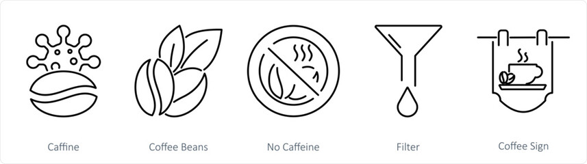 A set of 5 Coffee icons as caffiene, coffee beans, no caffiene