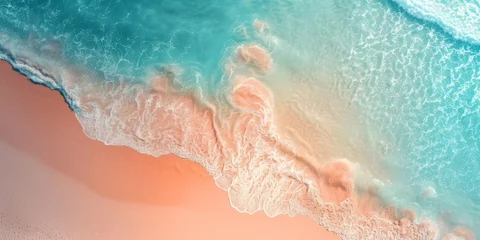 Foto op Aluminium Aerial View of Ocean, Waves and Beach Sand in the Style of Light Orange and Cyan - Ocean Pastel Color Scheme Shaped Canvas Background created with Generative AI Technology © Erasoiat