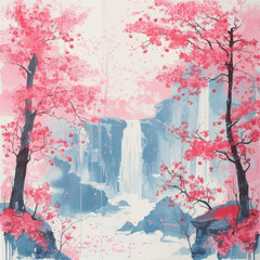 Watercolor vector landscape of cherry blossoms in japanese park