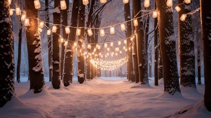 Foto op Canvas Snowy forest trail bathed in the soft glow of lanterns. Winter's enchantment, tranquil woods, snowy path, cozy illumination, serene winter scene. Generated by AI. © Татьяна Лобачова