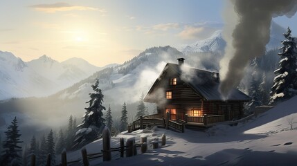 Winter's embrace, alpine charm, snowy hideaway, warm refuge, tranquil winter scene. Generated by AI.