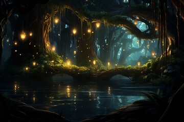 Enchanting bio luminescent forest creating magical and serene atmosphere in woodland scene