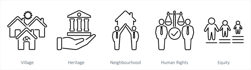 A set of 5 Community icons as village, heritage, neighbourhood