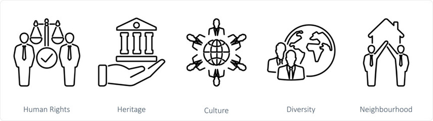 A set of 5 Community icons as human rights, heritage, culture