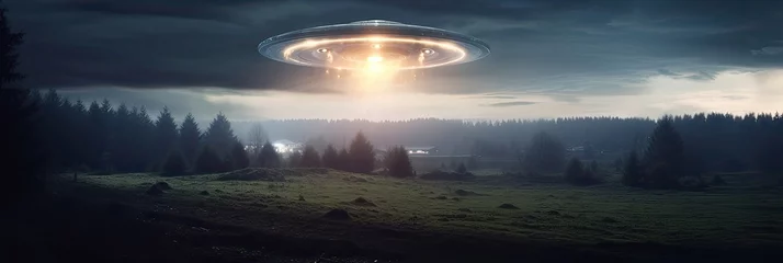 Fotobehang UFO phenomena, unidentified flying objects, societal fascination, cosmic enigma, extraterrestrial exploration, uncharted territories. Generated by AI. © Татьяна Лобачова