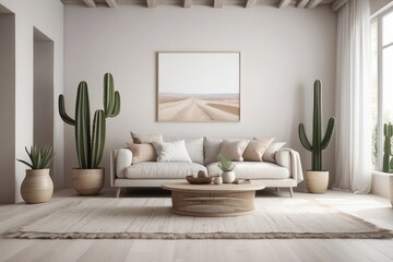 Beautiful spring decorated interior in white textured colors. Living room, beige sofa with a rug and a large cactus