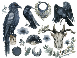 Fototapeta premium watercolor pagan ravens and symbols isolated on white - generative ai