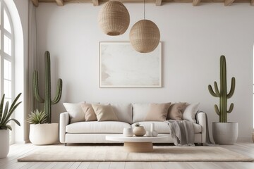 Beautiful spring decorated interior in white textured colors. Living room, beige sofa with a rug and a large cactus