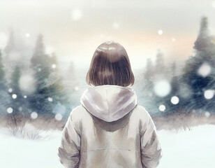 冬 雪の中に佇む少女の後ろ姿のイラスト (水彩画イメージ )