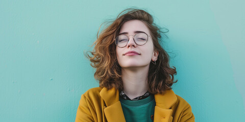 Relaxed young woman with curly hair, eyes closed, leaning against a turquoise wall in a mustard jacket