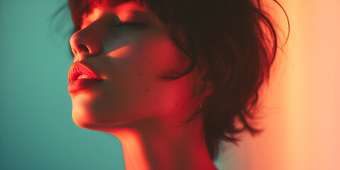 Artistic close-up of a woman's face with vibrant red light casting a warm glow on her profile