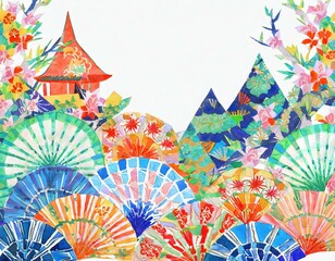 Illustration of traditional Japanese patterns style.(folding fans and mountains)