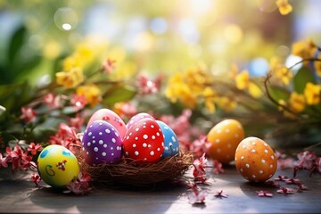 Vibrant Easter eggs on table with leafy background show springtime. Generative AI