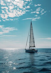 Blue Horizon Serenity of a Small White Sailboat