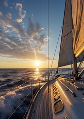 yacht sailing at sunset with sun beams, in the style of naturalistic ocean waves,