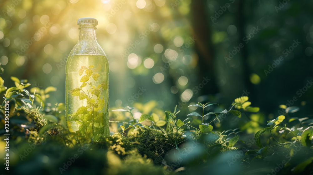 Poster AI generated illustration of a bottle of lemonade with herbs on green grass