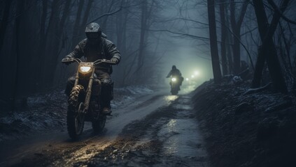 Man on a dirt bike rides a snowy dirt road