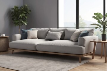 furniture and interior concept sofa with cushions at cozy home living room