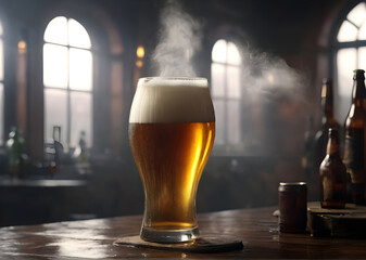 Cold beer in a glass, close up in a dark pub with a sunset light. Frosty glass of light beer. Beer glass on bar