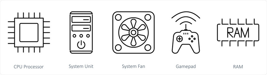 A set of 5 Computer Parts icons as cpu processor, system unit, system fan