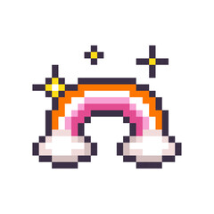 Obraz premium Rainbow in lesbian pride flag colors isolated on white background. LGBT graphic design element. Rainbow with clouds icon. T-shirt design idea. Vector pixel art illustration in 8-bit old style.