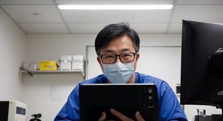 a professional medical expert, sitting in front of a laptop, extends a friendly greeting