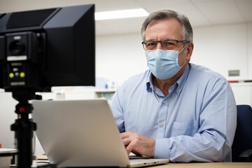 Obraz premium a professional medical expert, sitting in front of a laptop, extends a friendly greeting