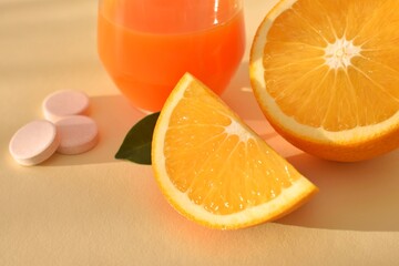 Orange juice and orange, effervescent tablets.  Vitamin C, prevention and treatment of colds.