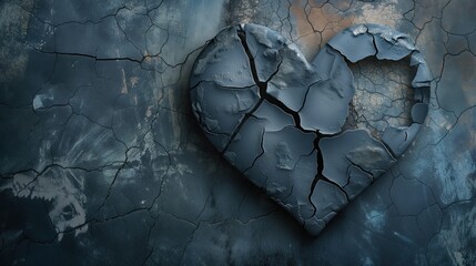 A black broken heart made of stone on a cracked wall, stone texture, break up, space for text - obrazy, fototapety, plakaty