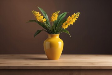 Home room interior style with brown and yellow background, wooden table, vase of plant