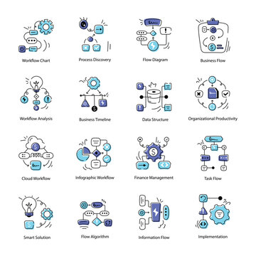 Bundle of Doodle Style Workflow Management Icons 

