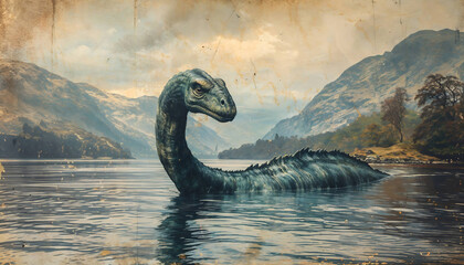 The Loch Ness mythical monster, antique old colored style art.  The image has an aged appearance with visible scratches and marks adding to its mythical theme.  Generative AI image. - obrazy, fototapety, plakaty