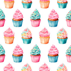Pink and blue pastel colored watercolor cupcakes in hand drawn style on a white background. Seamless pattern for surface decor.