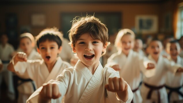 Group of children are doing karate in class