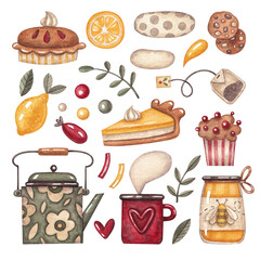 A set with a teapot, a cup, honey and various desserts and elements. Watercolor illustration. Food. Lemon. Branches and leaves. Cafe. Dessert. Handmade work. Art. Design. Fresh. Bakery products.