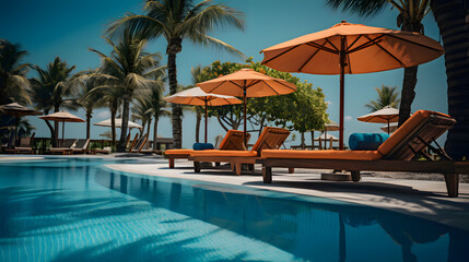 Fototapeta na wymiar Luxurious pool and sun loungers with umbrellas nearby