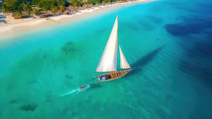 Foto auf Acrylglas Board a traditional wooden dhow boat and discover the natural wonders of Zanzibar's Blue Safari, from coral reefs to deserted islands. © STORYTELLER AI