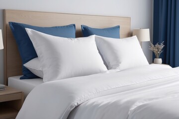 White pillows and duvet on the blue bed. White pillows, duvet and duvet case on a blue bedroom