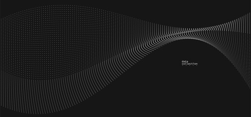 Grey abstract background, vector wave of flowing particles over black, curvy lines of dots in motion, technology and science theme, airy and ease futuristic illustration.
