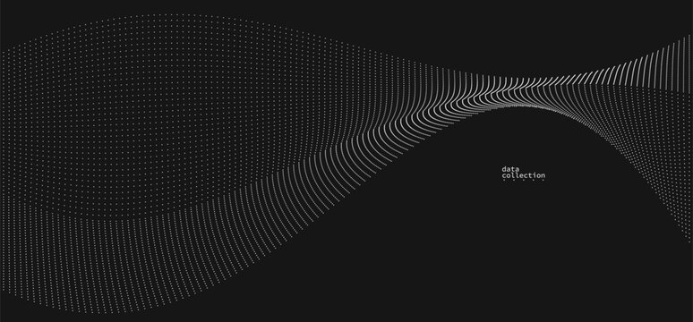 Grey abstract background, vector wave of flowing particles over black, curvy lines of dots in motion, technology and science theme, airy and ease futuristic illustration.