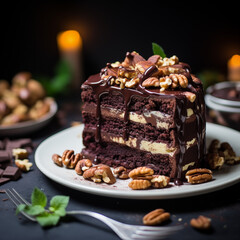 Chocolate cake dessert with walnuts is served in a high-end restaurant, food, dessert, cakes, chocolate, walnuts, cuisine, sweets, restaurant, bakery, cafe, AI-generated.