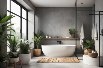 Stylish bathroom interior with countertop, shower stall and houseplants