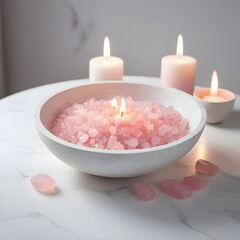 Obraz na płótnie Canvas spa still life with candles and pink quartz, marble table